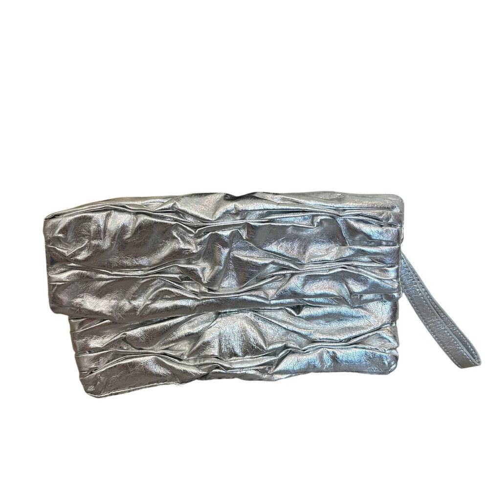 Express Metallic Silver Clutch Wristlet Magnetic Closure Wrinkled Texture